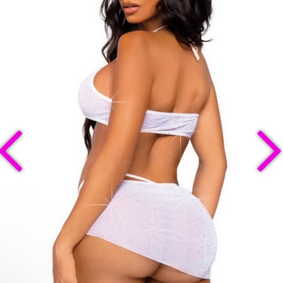 White Rhinestone Mesh Bra, G-String & Sarong medium leg avenue new lingerie set - Picture 4 of 4